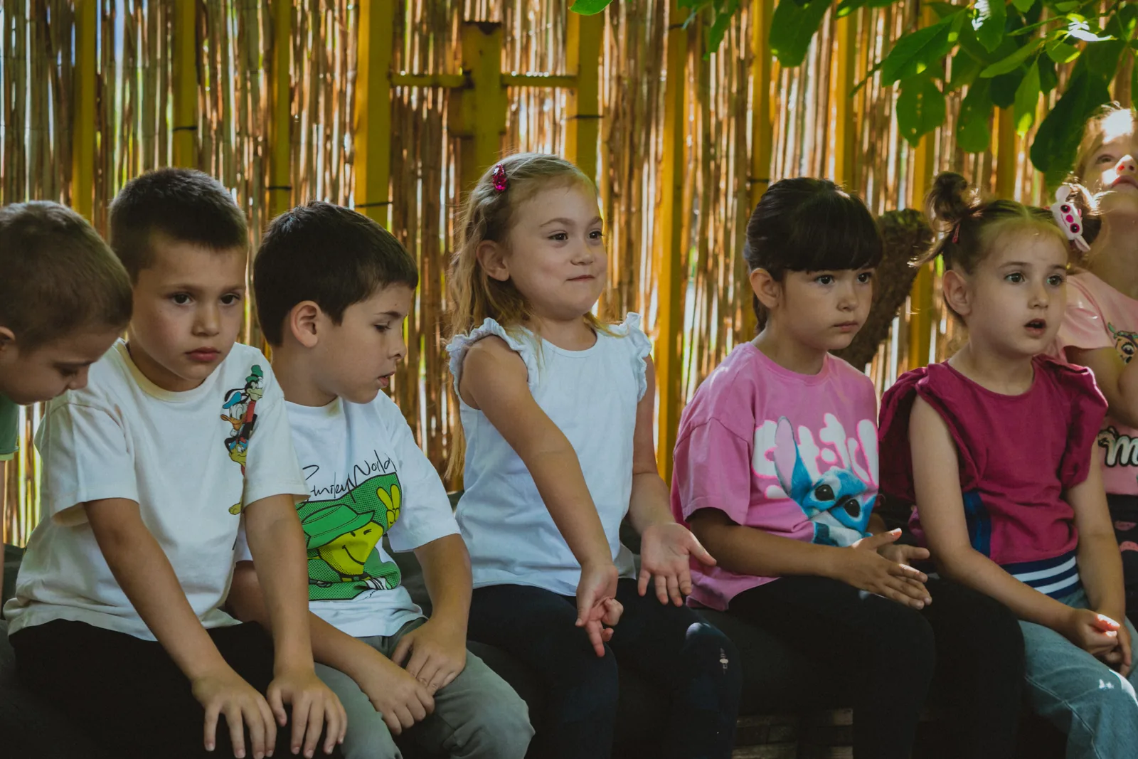 Children sitting in a row in front of the reed fence, listening to the story about bees