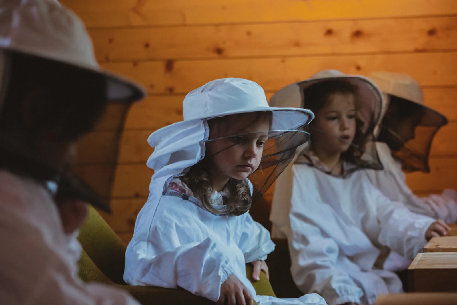 Children in veiled beekeeping suits sitting in the api chamber, listening to their educator